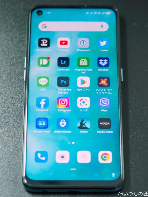 olympus digital camera | モバイル比較レビュー.jp OPPO Reno5A ホーム画面。筆者がよく使うアプリを並べています。