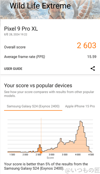 Google Pixel 9 Pro XL AnTuTu ベンチマーク 3D MarkのWild Life  Extremeのスコア