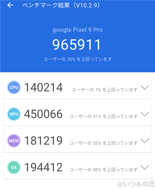 Google Pixel 9 Pro ベンチマーク Antutu AnTuTu Benchmark V10 計測結果（通常時）