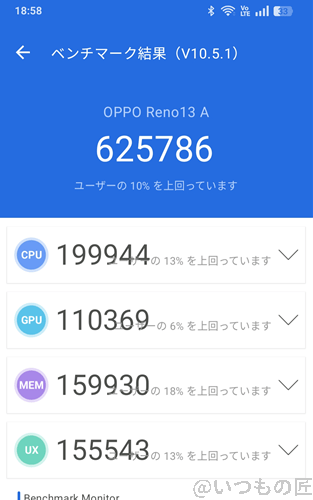 OPPO Reno13 A ベンチマーク Antutu AnTuTu Benchmark V10 計測結果