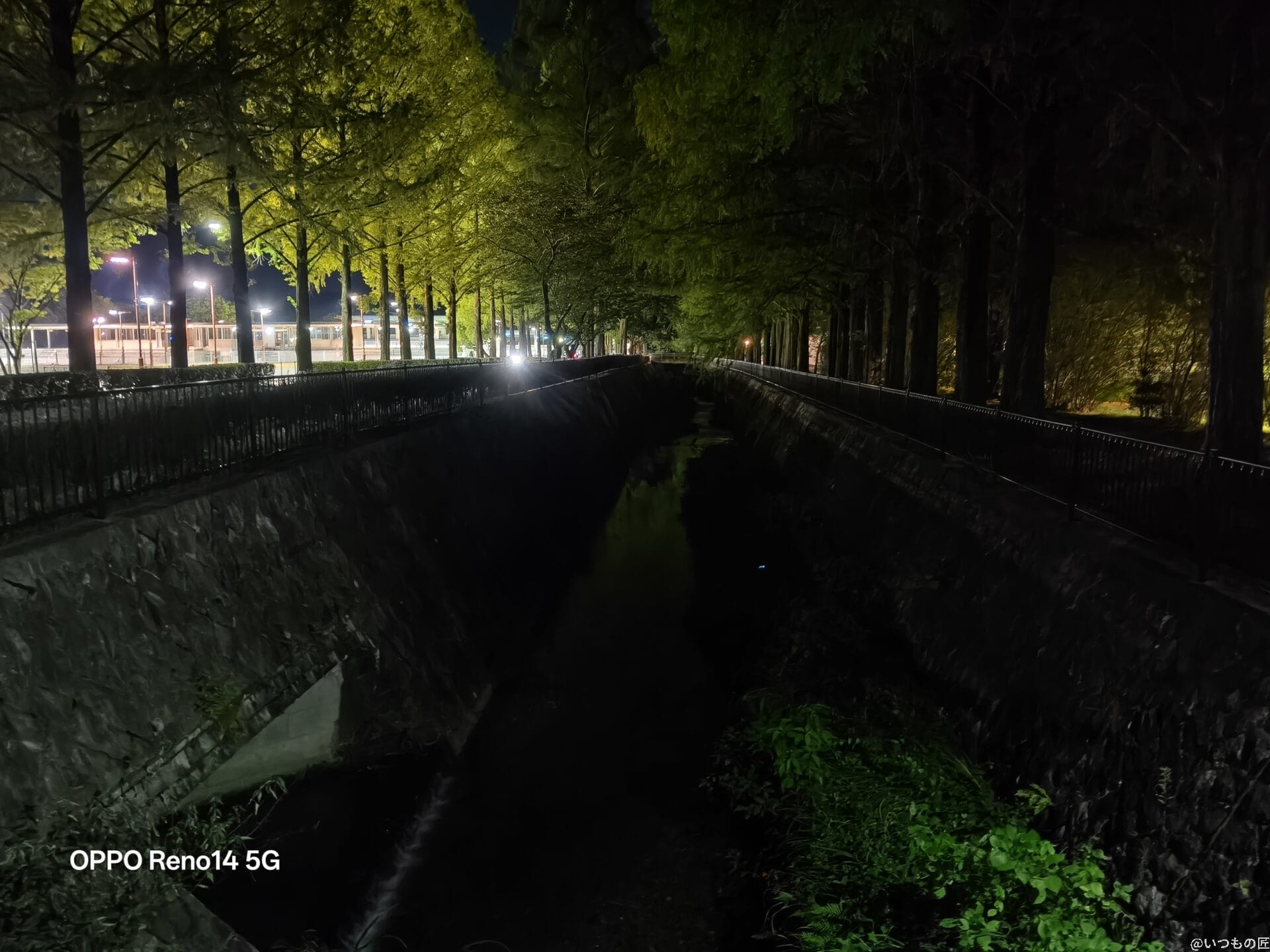 OPPO Reno14 5G カメラ 夜の遊歩道